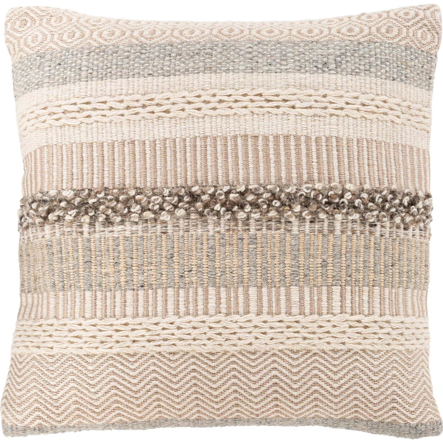 001 S-348317,S-348318 | Primary Silo | Lorens Pillow - 36762 by Livabliss in cream, medium gray, white, ivory, camel. Made from 53% wool, 28% viscose, 10% jute, 9% cotton, 100% cotton in a modern style.