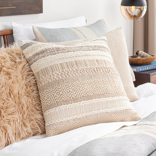 Lorens Pillow - 10250 by Livabliss in camel, cream, white, medium gray, ivory. Made from 55% wool, 20% cotton, 19% viscose, 6% jute, 100% cotton in a modern style.