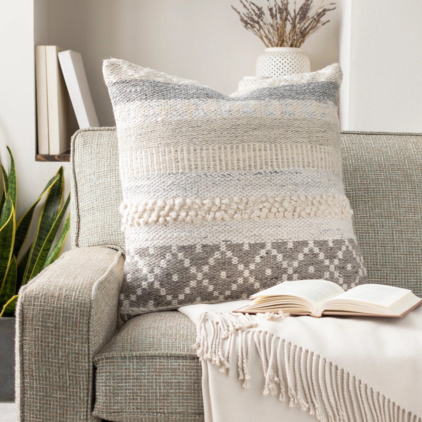 001 S-348321,S-348322 | Lifestyle | Lorens Pillow - 32822 by Livabliss in cream, taupe, white, medium gray, silver gray. Made from 40% wool, 20% cotton, 20% linen, 20% viscose, 100% cotton in a modern style.