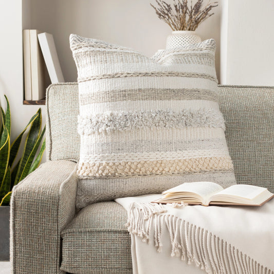Lorens Pillow - 32787 by Livabliss in cream, white, silver gray, medium gray. Made from 40% wool, 20% cotton, 20% linen, 20% viscose, 100% cotton in a modern style.