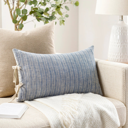 Linen Stripe Ties Pillow - 31202 by Surya in blue, light beige. Made from 100% linen in a cottage & farmhouse style.