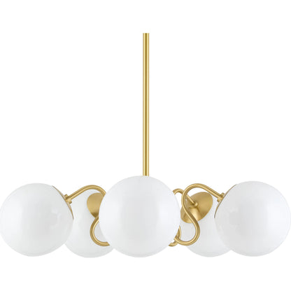 Lunavia 5-Light Pendant by Surya in metallic brass, white, translucent. Made from iron, glass in a transitional style.