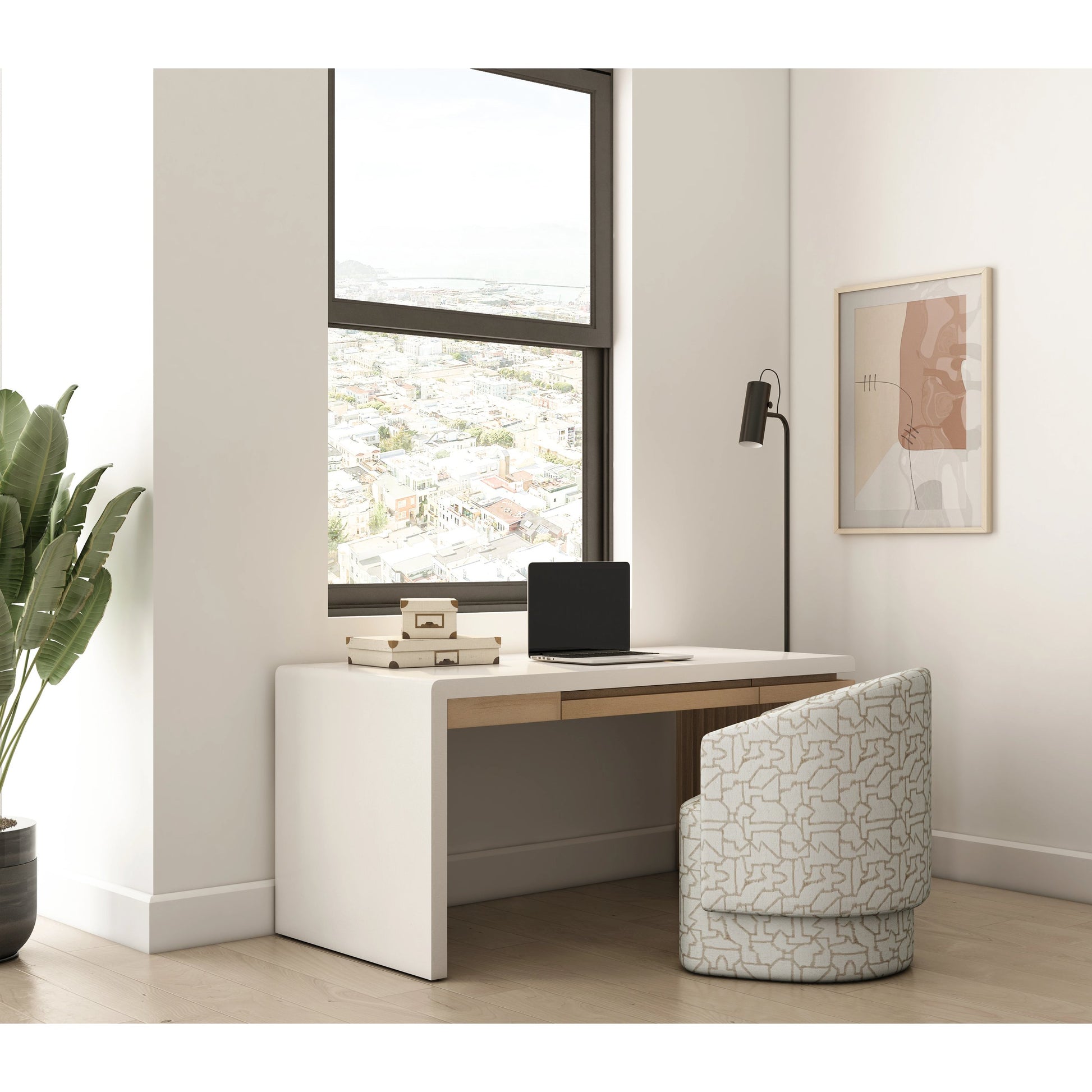 Portico Writing Desk by A.R.T. Furniture in sienna, white plaster. Made from parawood solids, mindi veneers, resin in a modern style.