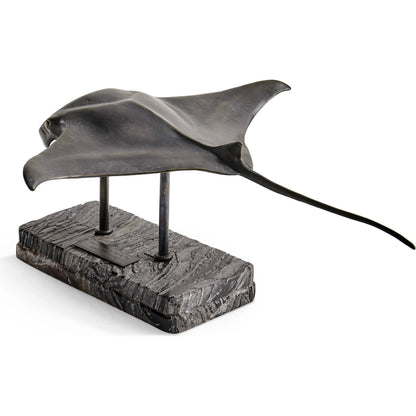 Manta Ray Bronze Statue with Marble Base by Jonathan Charles in dark rustic waxed bronze. Made from main brass in a unique style.