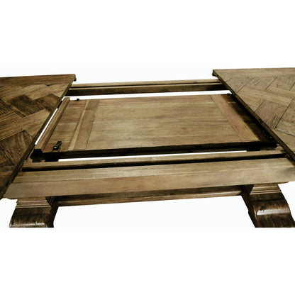 Casual Accents Medium Driftwood Parquet Top Dining Table by Jonathan Charles in medium brown driftwood. Made from acacia in a modern style.