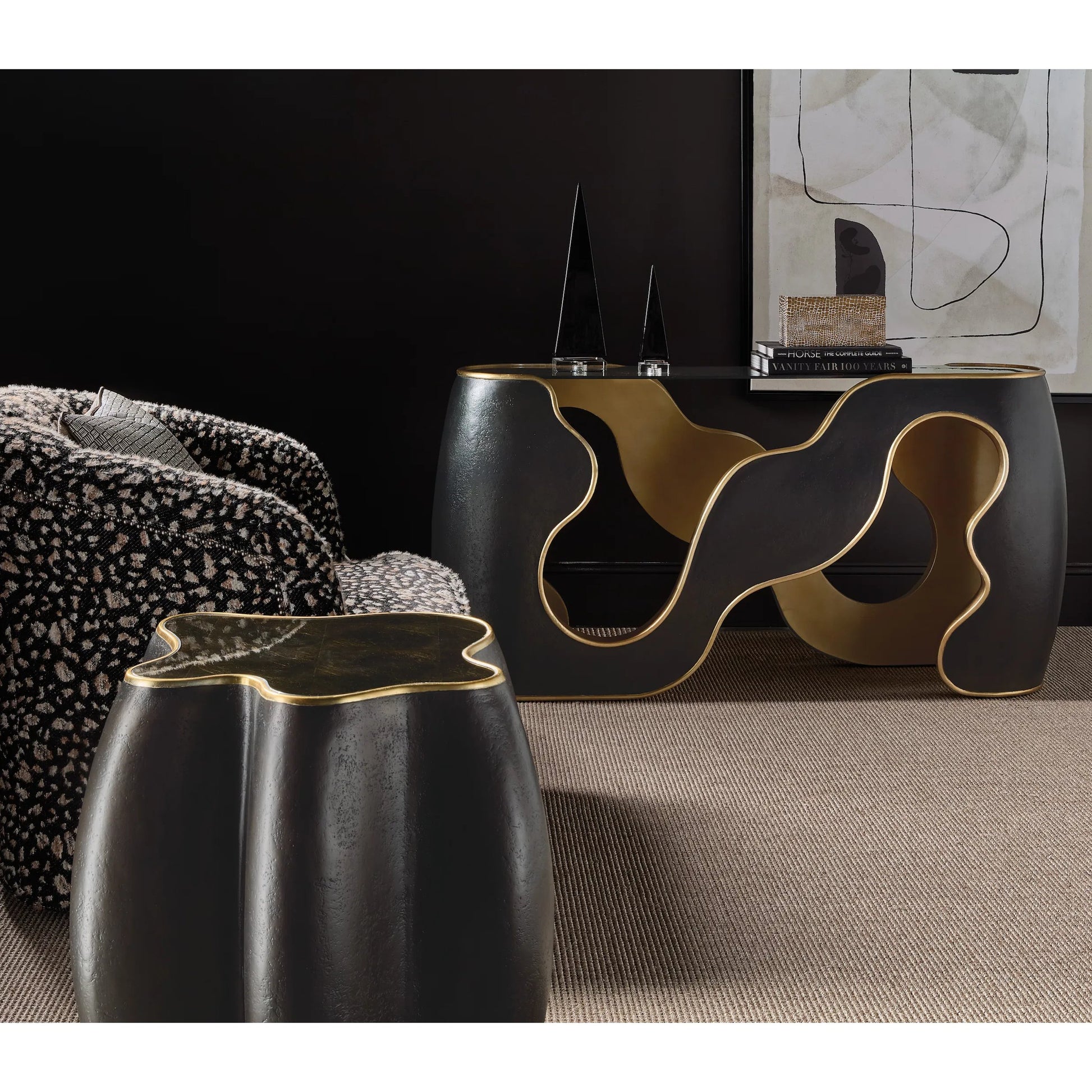 Melange Even and Flow Round End Table by Hooker Furniture in black, gold accents. Made from resin, glass in a modern style.