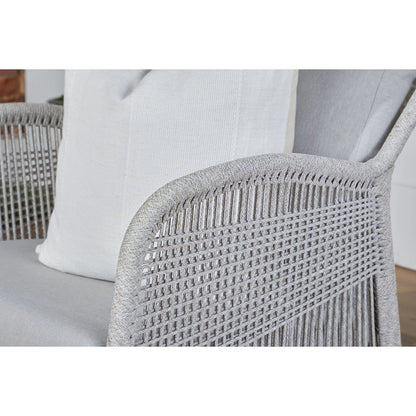 Loom Club Chair by Essentials For Living in gray teak, taupe, white flat rope, performance pumice. Made from solid teak wood, aluminum, 100% polyolefin rope, 100% olefin fabric, foam in a coastal style.