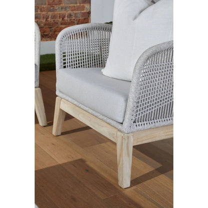 Loom Club Chair by Essentials For Living in gray teak, taupe, white flat rope, performance pumice. Made from solid teak wood, aluminum, 100% polyolefin rope, 100% olefin fabric, foam in a coastal style.