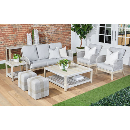 Loom Club Chair by Essentials For Living in gray teak, taupe, white flat rope, performance pumice. Made from solid teak wood, aluminum, 100% polyolefin rope, 100% olefin fabric, foam in a coastal style.