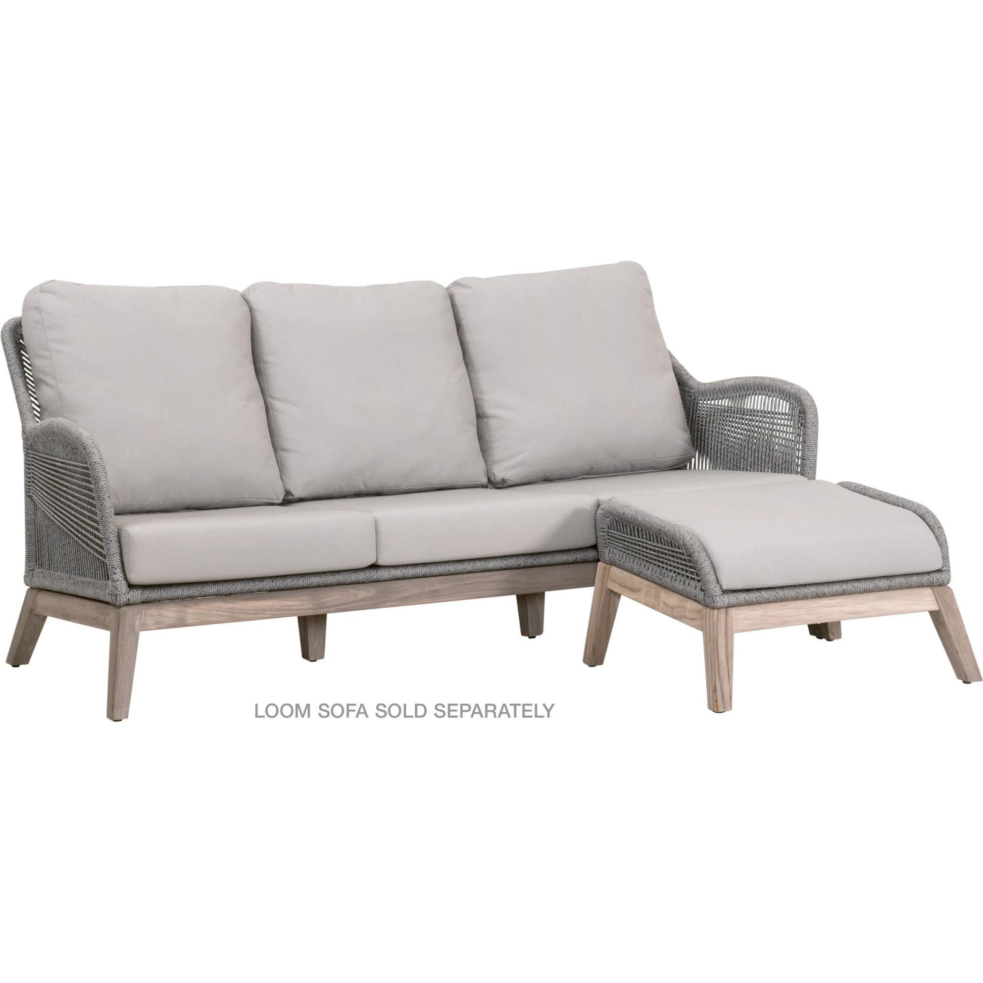 Loom Footstool by Essentials For Living in gray teak, taupe, white flat rope, performance pumice. Made from solid teak wood, aluminum, 100% polyolefin rope, 100% olefin fabric, foam in a coastal style.