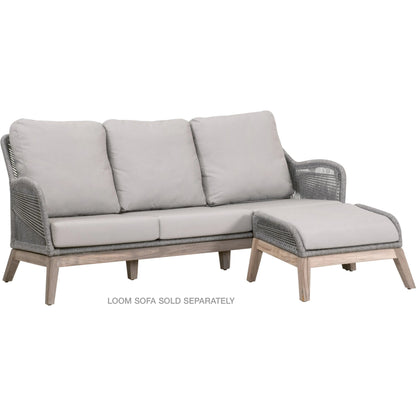 Loom Footstool by Essentials For Living in gray teak, taupe, white flat rope, performance pumice. Made from solid teak wood, aluminum, 100% polyolefin rope, 100% olefin fabric, foam in a coastal style.