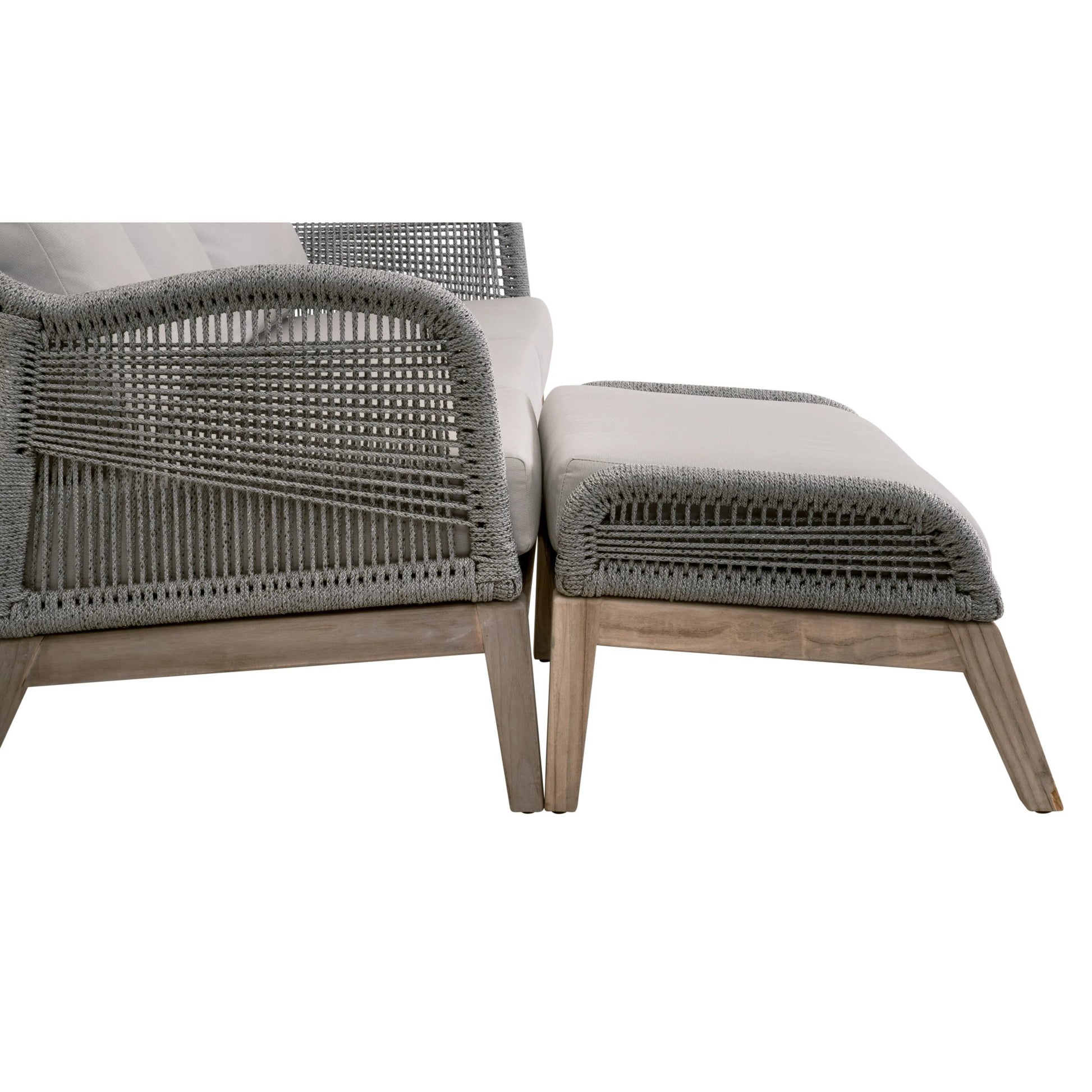 Loom Footstool by Essentials For Living in gray teak, taupe, white flat rope, performance pumice. Made from solid teak wood, aluminum, 100% polyolefin rope, 100% olefin fabric, foam in a coastal style.