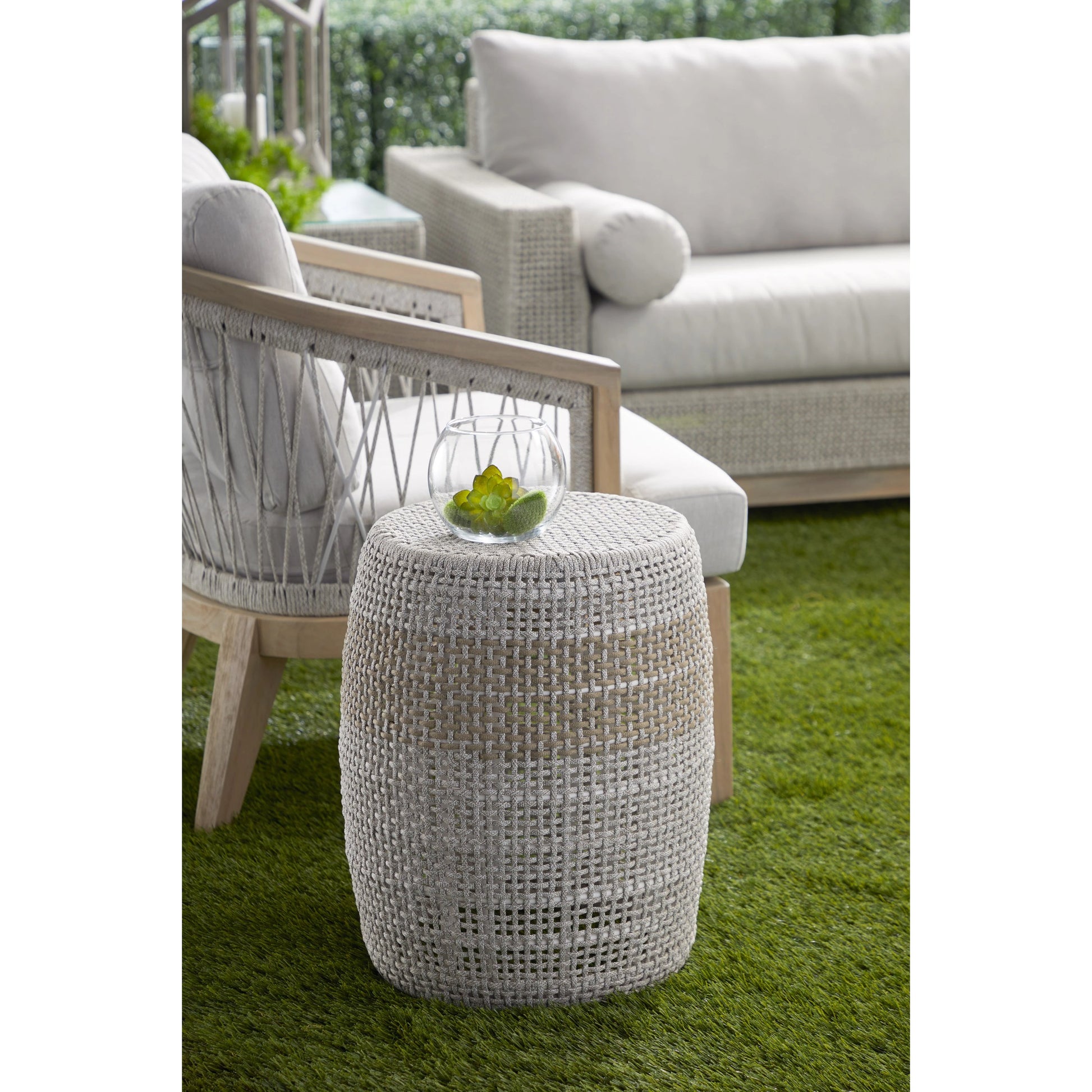 Loom Accent Table by Essentials For Living. Made from aluminum, 100% olefin rope in a coastal style.