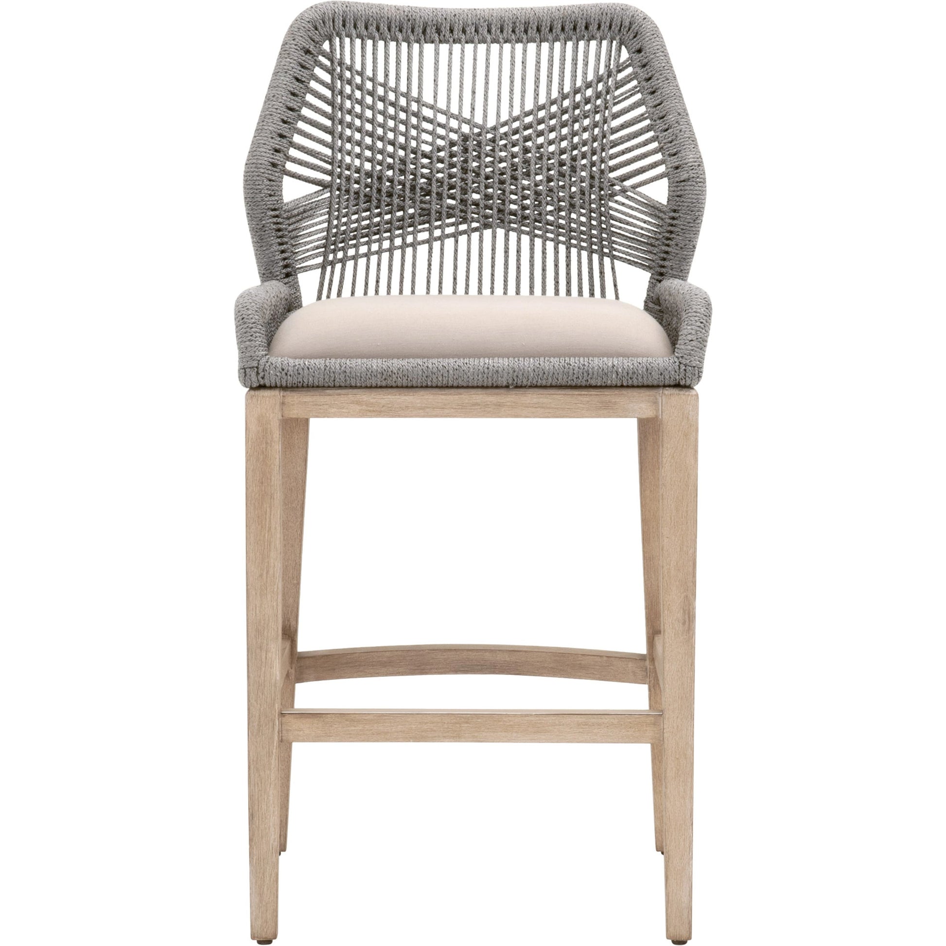 Loom Barstool by Essentials For Living in taupe, white flat rope, natural gray mahogany, pumice fabric. Made from solid mahogany, 100% olefin rope, 100% olefin fabric in a coastal style.