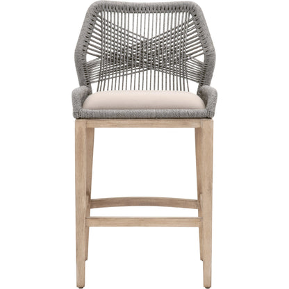 Loom Barstool by Essentials For Living in taupe, white flat rope, natural gray mahogany, pumice fabric. Made from solid mahogany, 100% olefin rope, 100% olefin fabric in a coastal style.