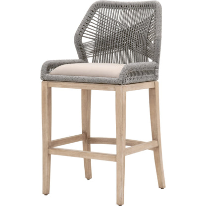 Loom Barstool by Essentials For Living in taupe, white flat rope, natural gray mahogany, pumice fabric. Made from solid mahogany, 100% olefin rope, 100% olefin fabric in a coastal style.