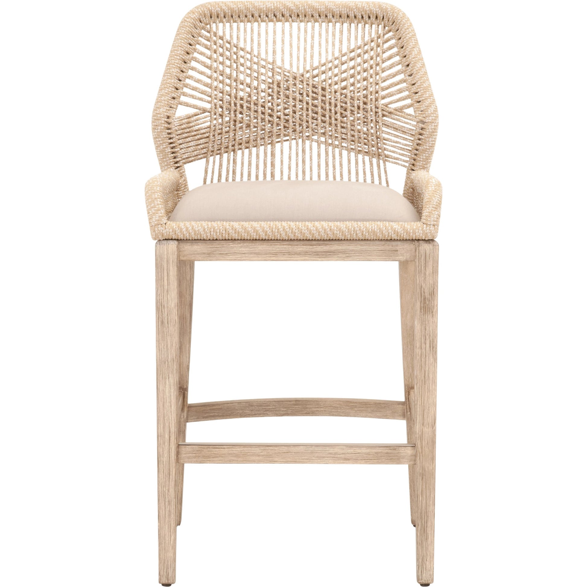 Loom Barstool by Essentials For Living in taupe, white flat rope, natural gray mahogany, pumice fabric. Made from solid mahogany, 100% olefin rope, 100% olefin fabric in a coastal style.