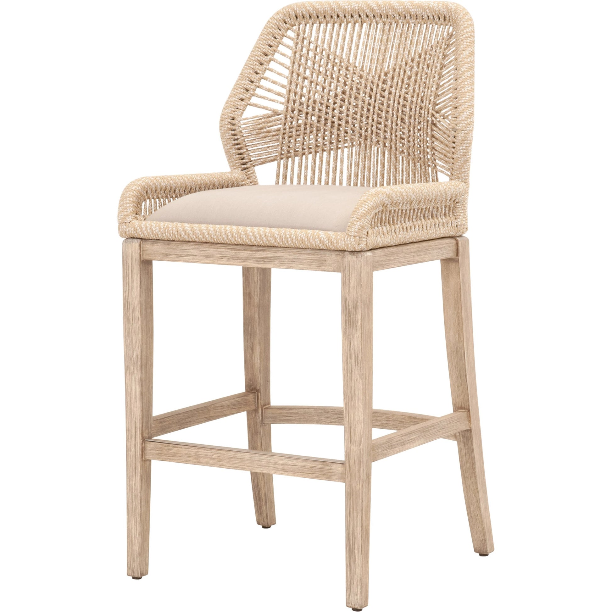 Loom Barstool by Essentials For Living in taupe, white flat rope, natural gray mahogany, pumice fabric. Made from solid mahogany, 100% olefin rope, 100% olefin fabric in a coastal style.