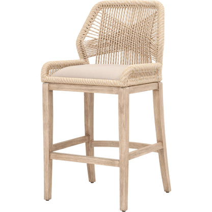 Loom Barstool by Essentials For Living in taupe, white flat rope, natural gray mahogany, pumice fabric. Made from solid mahogany, 100% olefin rope, 100% olefin fabric in a coastal style.