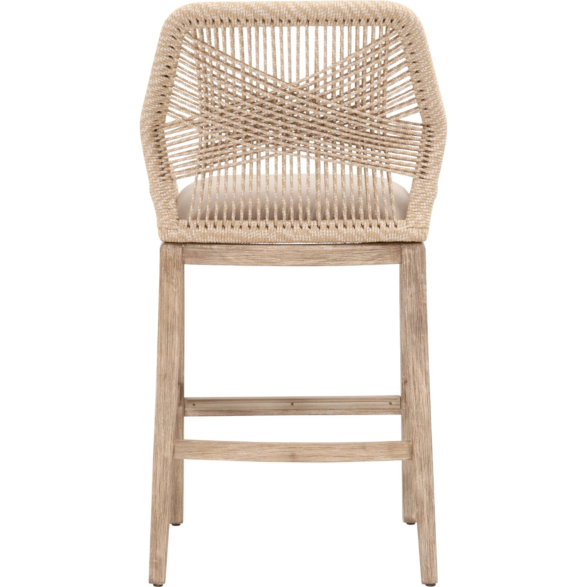 Loom Barstool by Essentials For Living in taupe, white flat rope, natural gray mahogany, pumice fabric. Made from solid mahogany, 100% olefin rope, 100% olefin fabric in a coastal style.