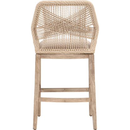 Loom Barstool by Essentials For Living in taupe, white flat rope, natural gray mahogany, pumice fabric. Made from solid mahogany, 100% olefin rope, 100% olefin fabric in a coastal style.