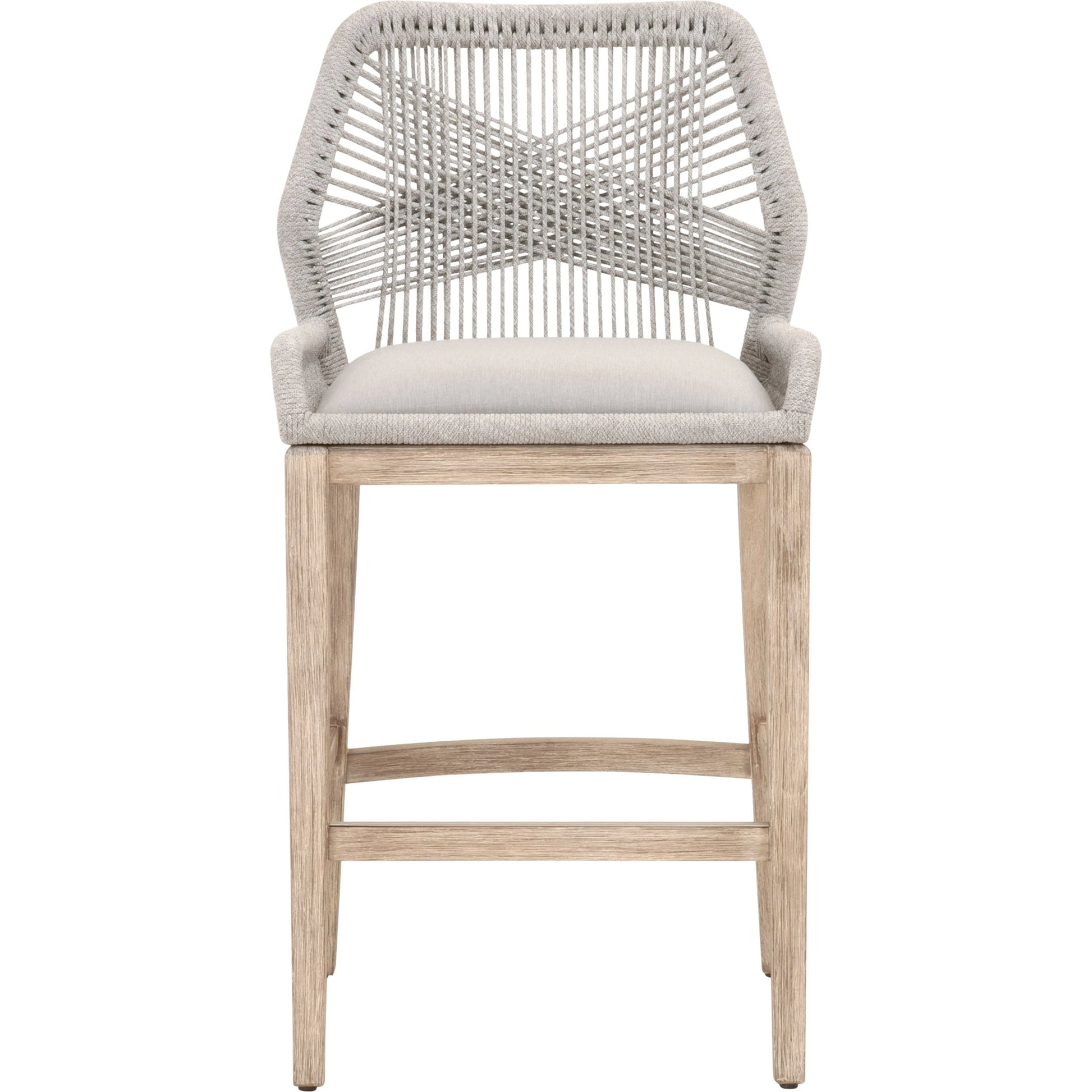 Loom Barstool by Essentials For Living in taupe, white flat rope, natural gray mahogany, pumice fabric. Made from solid mahogany, 100% olefin rope, 100% olefin fabric in a coastal style.