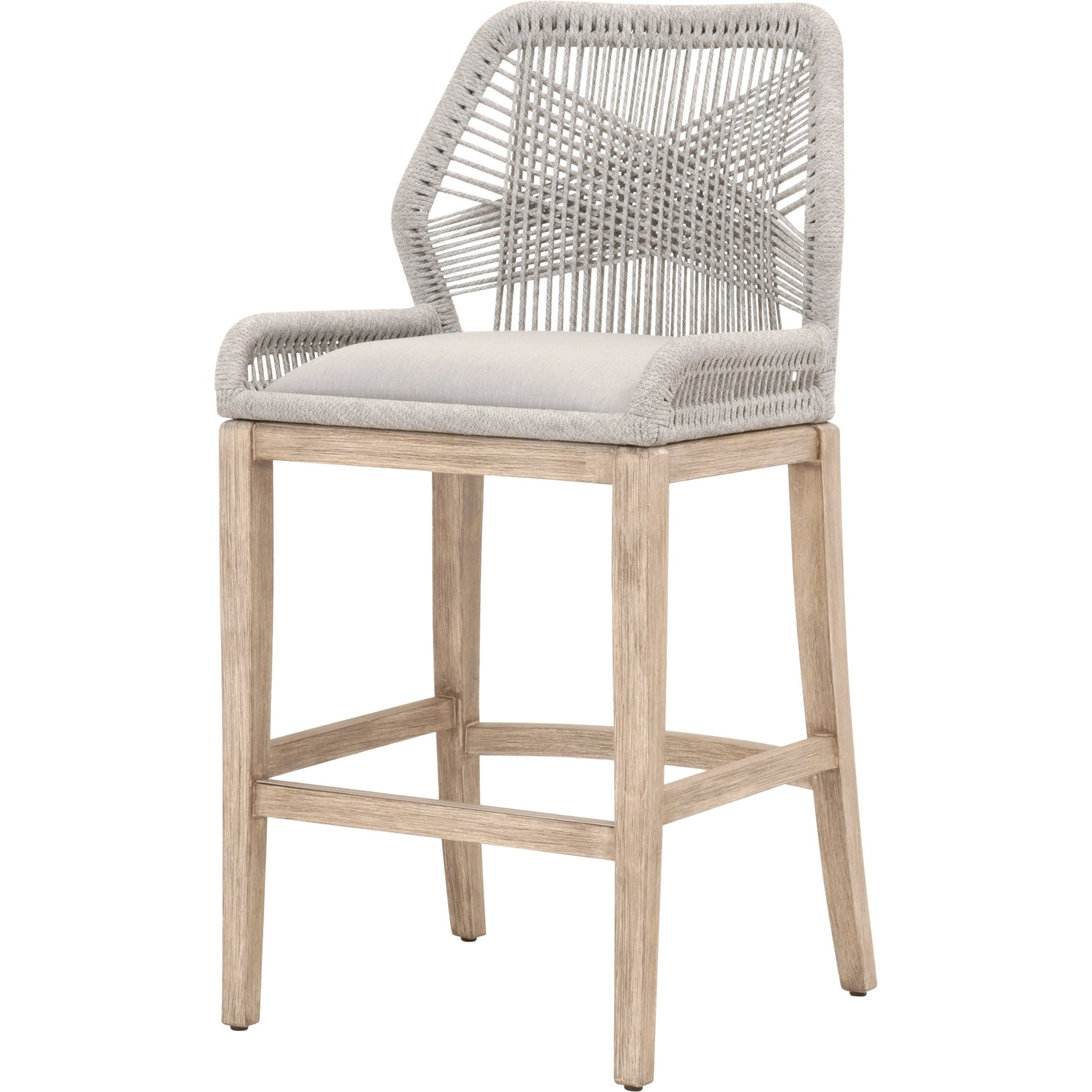 Loom Barstool by Essentials For Living in taupe, white flat rope, natural gray mahogany, pumice fabric. Made from solid mahogany, 100% olefin rope, 100% olefin fabric in a coastal style.