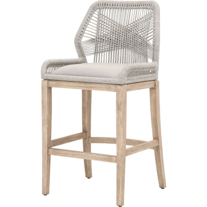 Loom Barstool by Essentials For Living in taupe, white flat rope, natural gray mahogany, pumice fabric. Made from solid mahogany, 100% olefin rope, 100% olefin fabric in a coastal style.