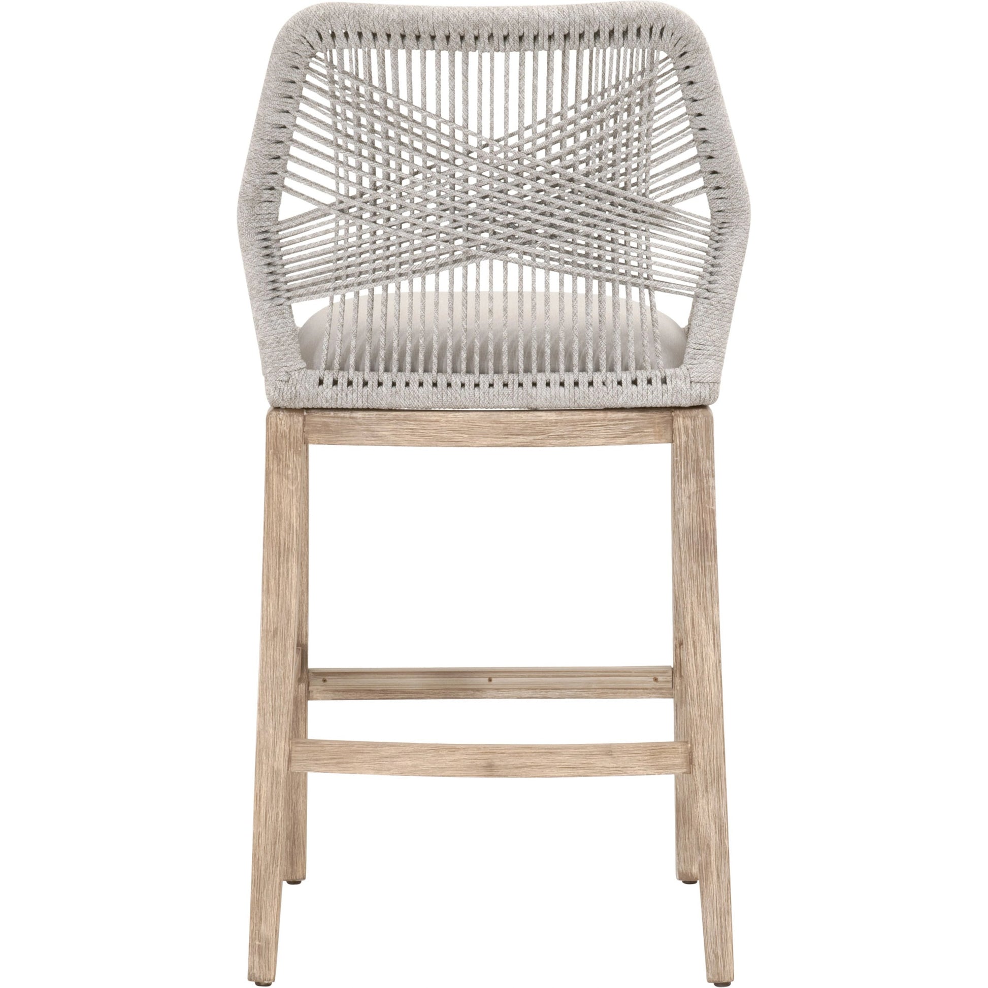 Loom Barstool by Essentials For Living in taupe, white flat rope, natural gray mahogany, pumice fabric. Made from solid mahogany, 100% olefin rope, 100% olefin fabric in a coastal style.