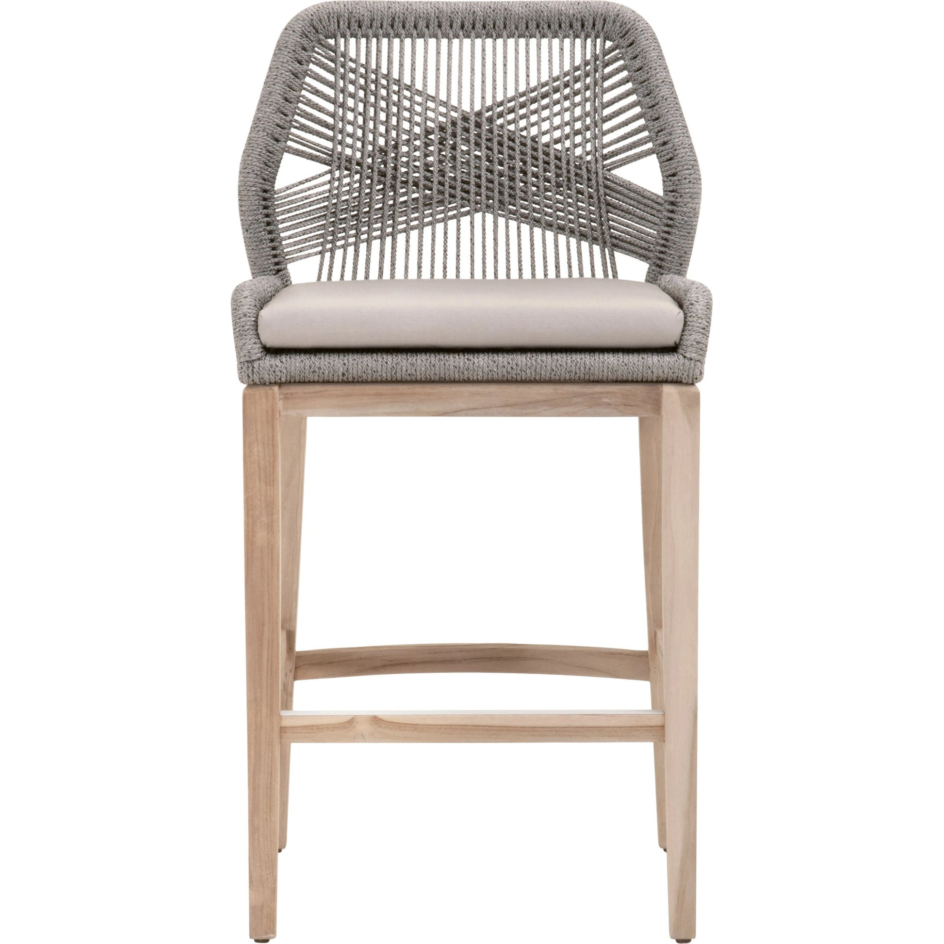 Loom Barstool by Essentials For Living in taupe, white flat rope, natural gray mahogany, pumice fabric. Made from solid mahogany, 100% olefin rope, 100% olefin fabric in a coastal style.