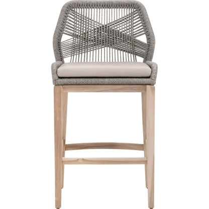 Loom Barstool by Essentials For Living in taupe, white flat rope, natural gray mahogany, pumice fabric. Made from solid mahogany, 100% olefin rope, 100% olefin fabric in a coastal style.