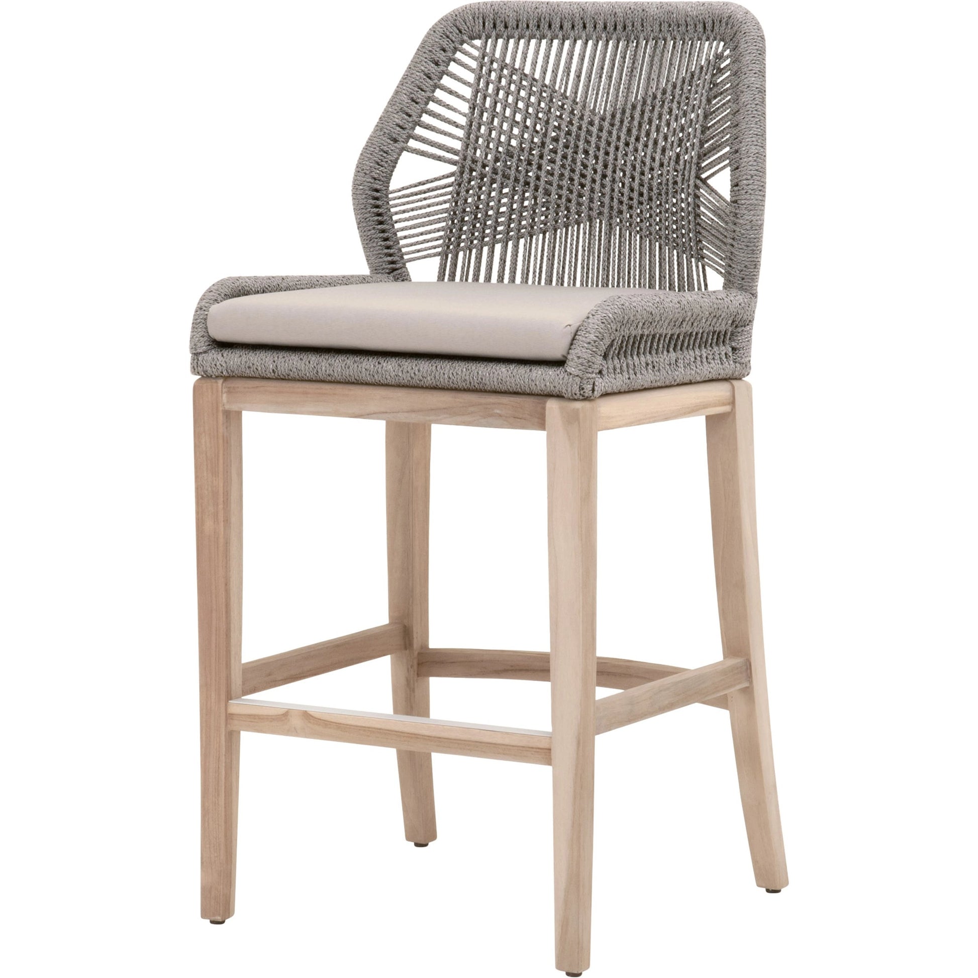 Loom Barstool by Essentials For Living in taupe, white flat rope, natural gray mahogany, pumice fabric. Made from solid mahogany, 100% olefin rope, 100% olefin fabric in a coastal style.