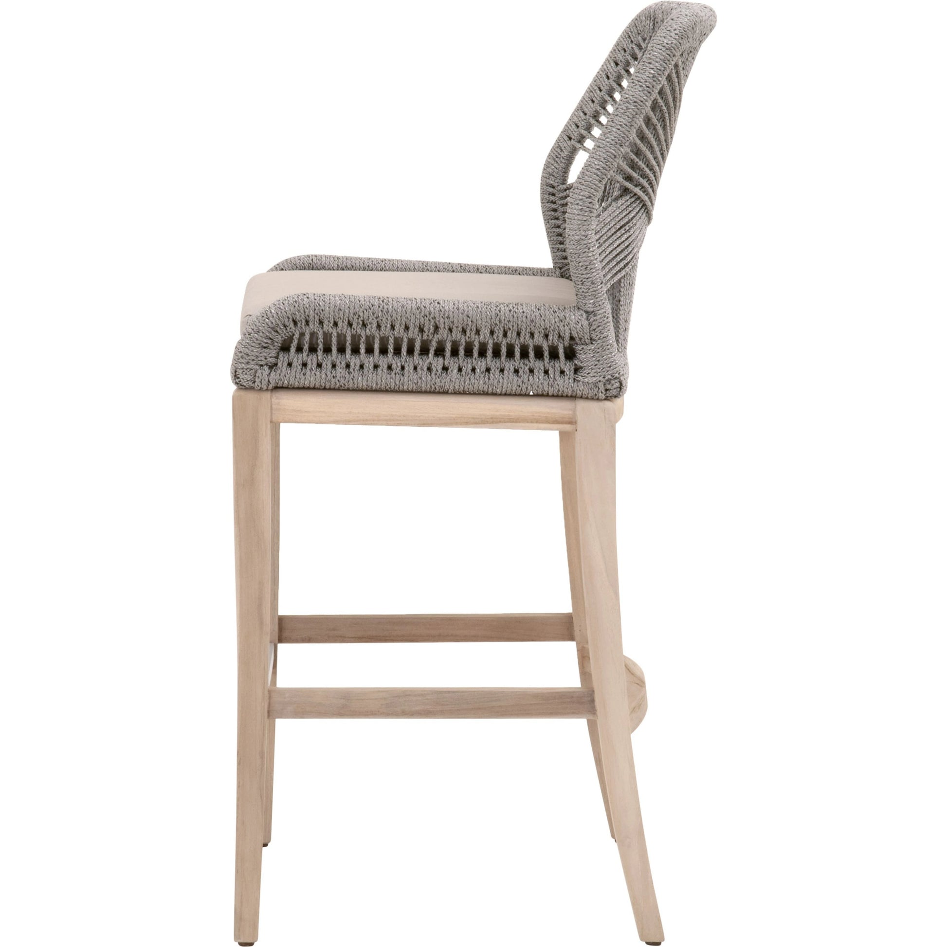 Loom Barstool by Essentials For Living in taupe, white flat rope, natural gray mahogany, pumice fabric. Made from solid mahogany, 100% olefin rope, 100% olefin fabric in a coastal style.