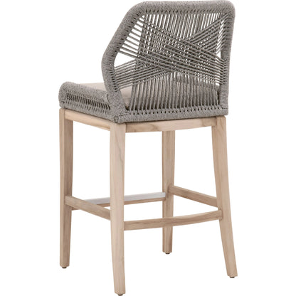 Loom Barstool by Essentials For Living in taupe, white flat rope, natural gray mahogany, pumice fabric. Made from solid mahogany, 100% olefin rope, 100% olefin fabric in a coastal style.