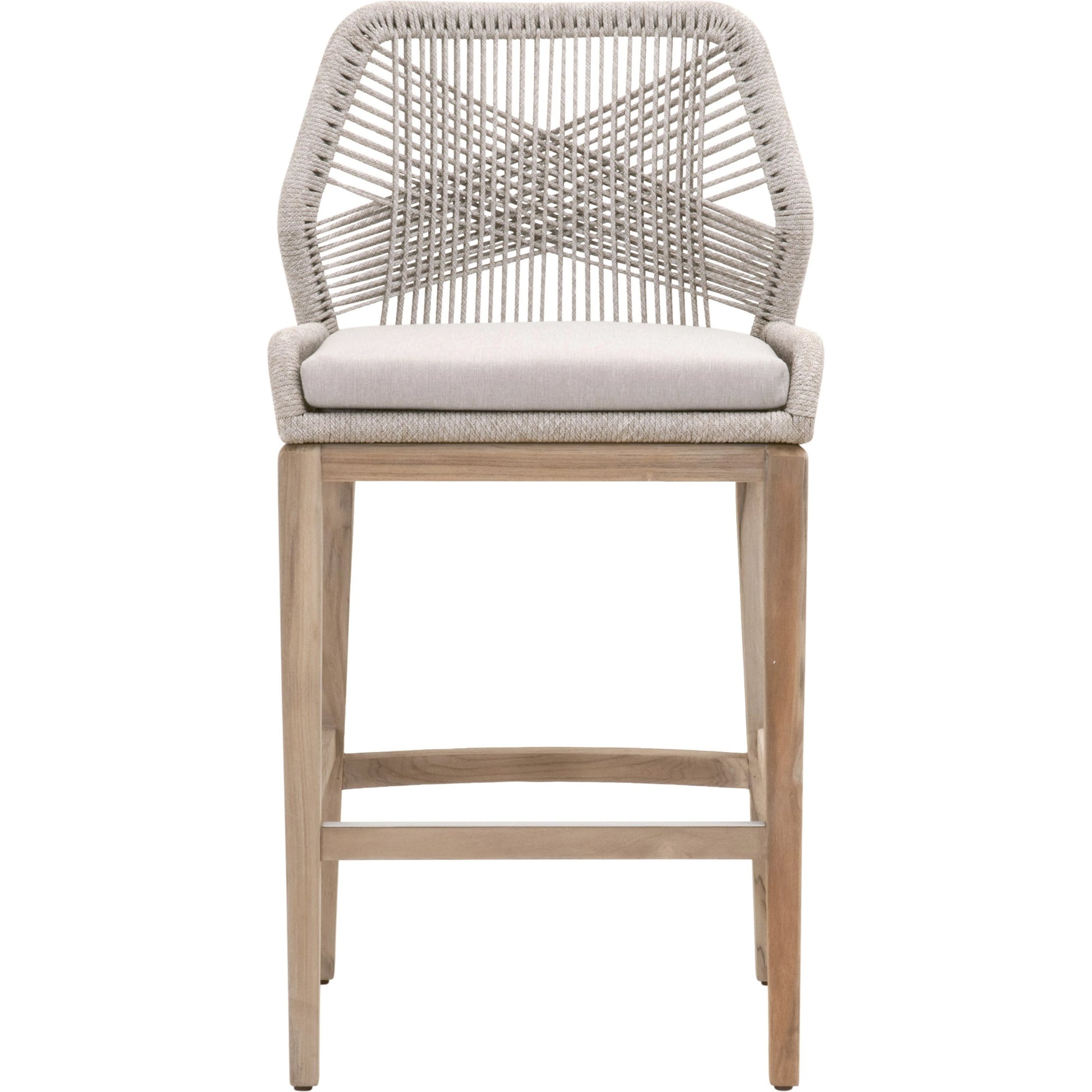 Loom Barstool by Essentials For Living in taupe, white flat rope, natural gray mahogany, pumice fabric. Made from solid mahogany, 100% olefin rope, 100% olefin fabric in a coastal style.