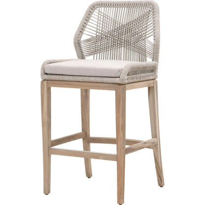 Loom Barstool by Essentials For Living in taupe, white flat rope, natural gray mahogany, pumice fabric. Made from solid mahogany, 100% olefin rope, 100% olefin fabric in a coastal style.