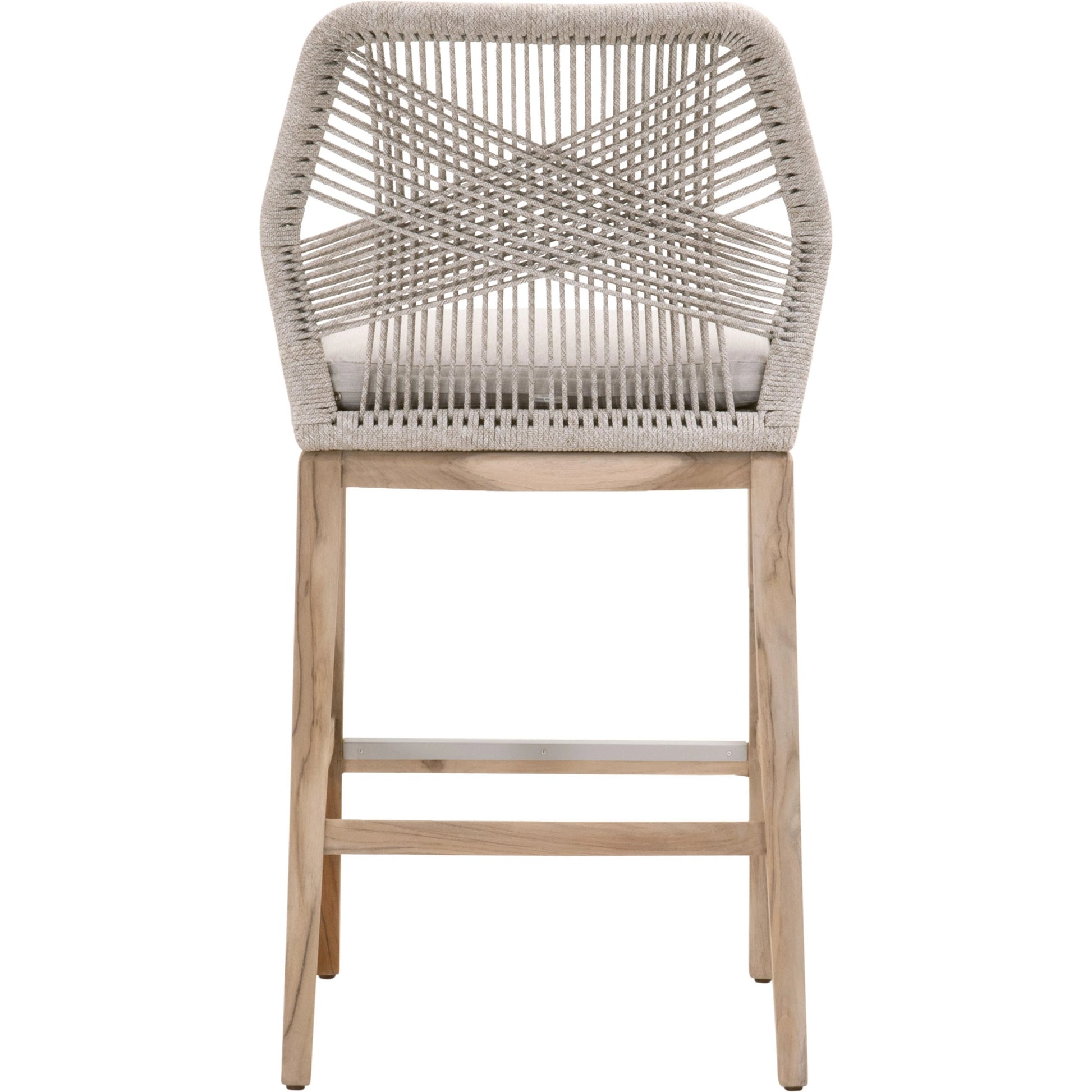 Loom Barstool by Essentials For Living in taupe, white flat rope, natural gray mahogany, pumice fabric. Made from solid mahogany, 100% olefin rope, 100% olefin fabric in a coastal style.