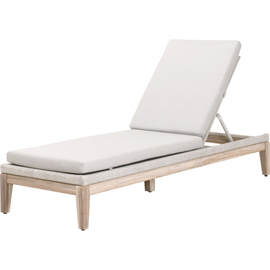 Loom Chaise Lounge by Essentials For Living in gray teak, taupe, white flat rope, performance pumice. Made from solid teak wood, aluminum, 100% polyolefin rope, 100% olefin fabric, foam in a modern style.