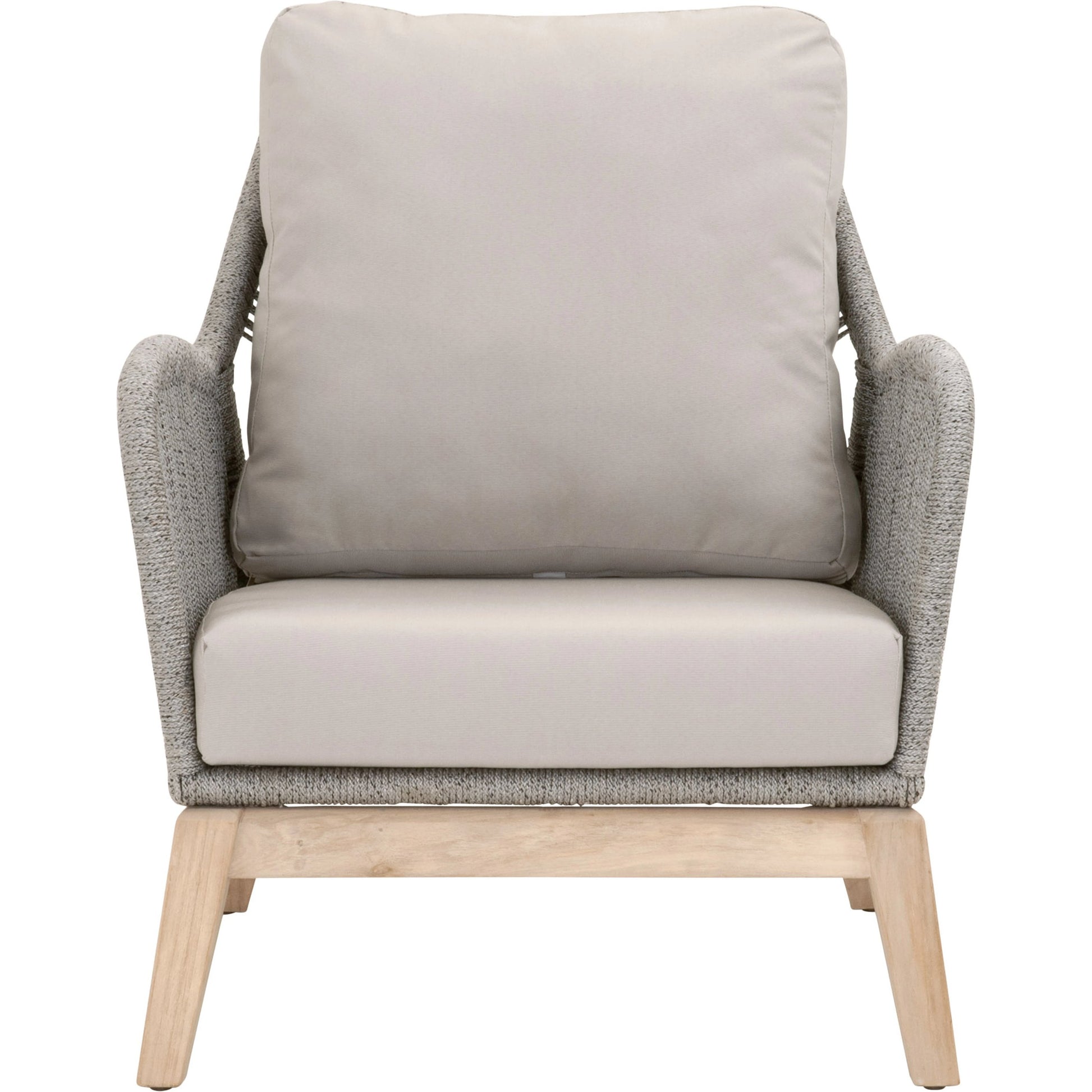 Loom Club Chair by Essentials For Living in gray teak, taupe, white flat rope, performance pumice. Made from solid teak wood, aluminum, 100% polyolefin rope, 100% olefin fabric, foam in a coastal style.