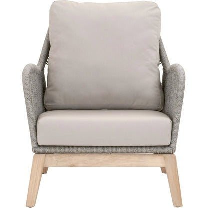 Loom Club Chair by Essentials For Living in gray teak, taupe, white flat rope, performance pumice. Made from solid teak wood, aluminum, 100% polyolefin rope, 100% olefin fabric, foam in a coastal style.