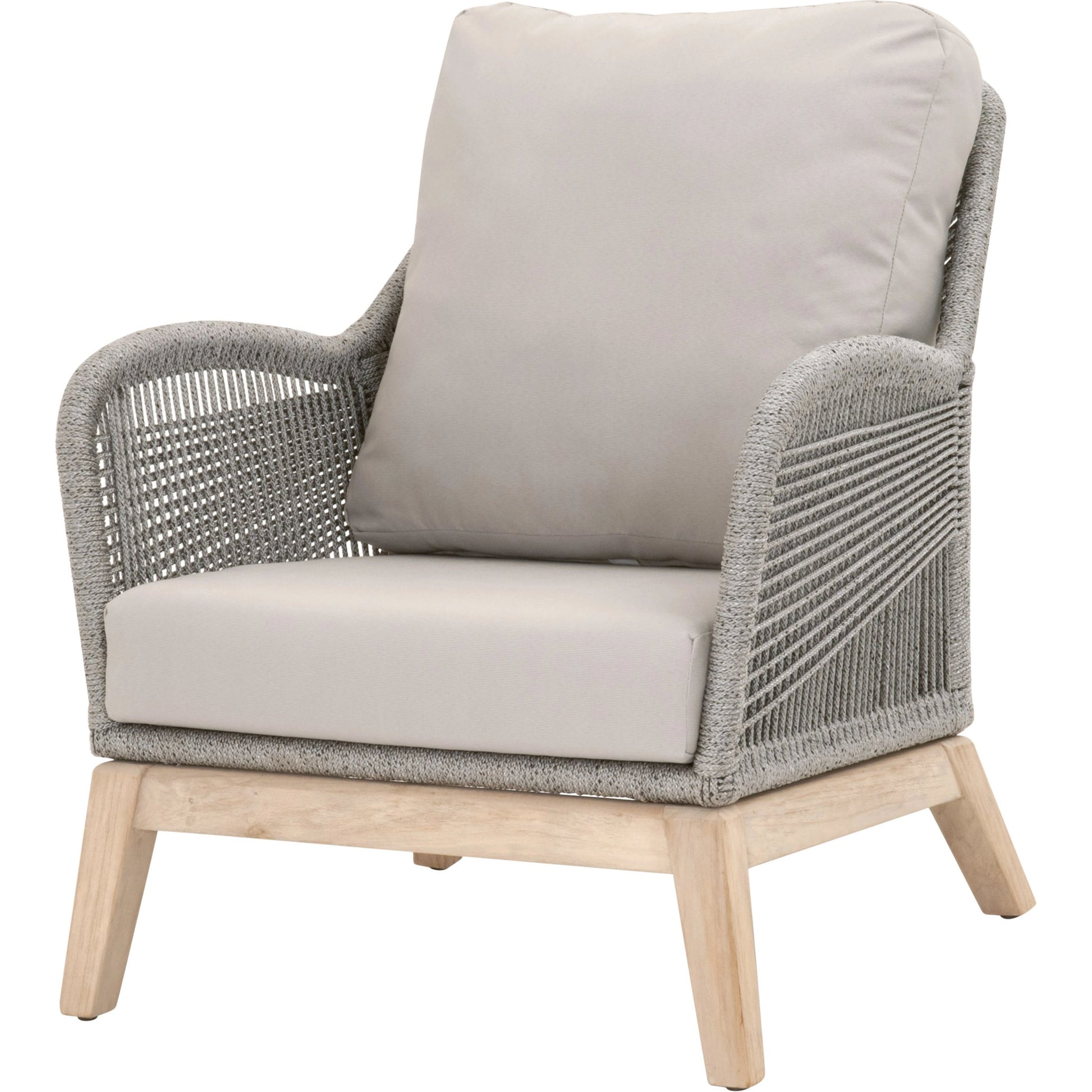 Loom Club Chair by Essentials For Living in gray teak, taupe, white flat rope, performance pumice. Made from solid teak wood, aluminum, 100% polyolefin rope, 100% olefin fabric, foam in a coastal style.