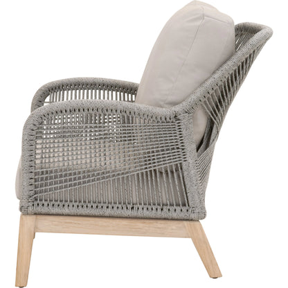 Loom Club Chair by Essentials For Living in gray teak, taupe, white flat rope, performance pumice. Made from solid teak wood, aluminum, 100% polyolefin rope, 100% olefin fabric, foam in a coastal style.