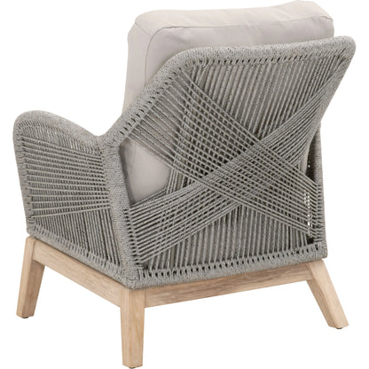 Loom Club Chair by Essentials For Living in gray teak, taupe, white flat rope, performance pumice. Made from solid teak wood, aluminum, 100% polyolefin rope, 100% olefin fabric, foam in a coastal style.
