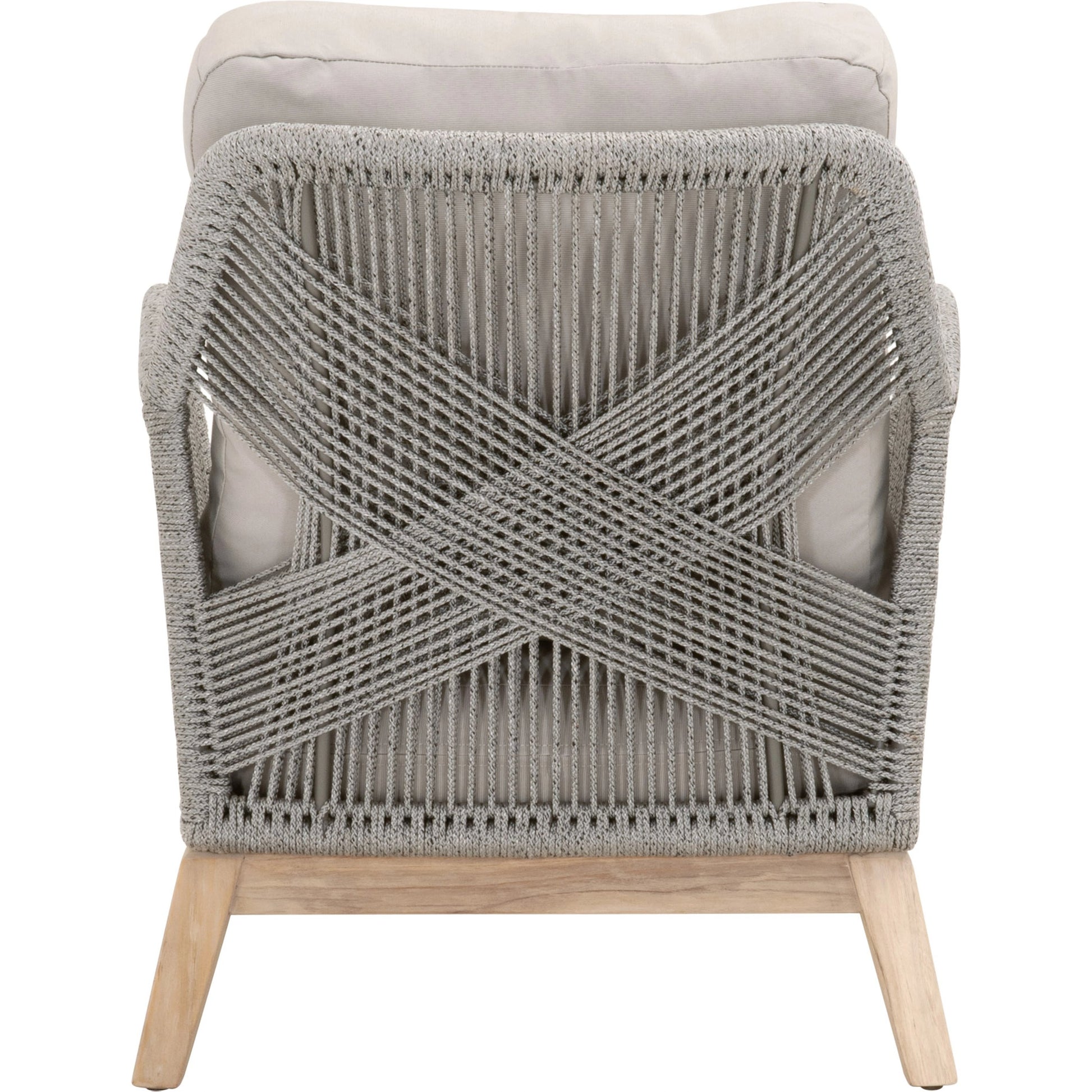 Loom Club Chair by Essentials For Living in gray teak, taupe, white flat rope, performance pumice. Made from solid teak wood, aluminum, 100% polyolefin rope, 100% olefin fabric, foam in a coastal style.