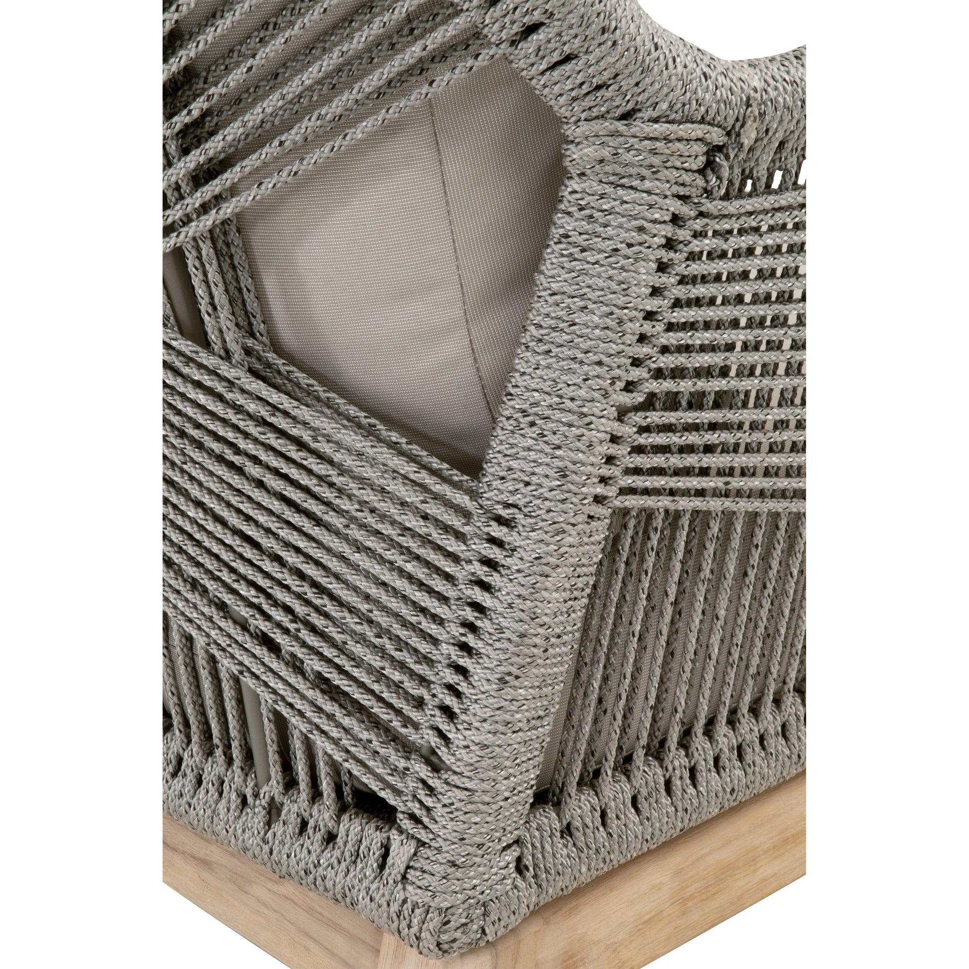 Loom Club Chair by Essentials For Living in gray teak, taupe, white flat rope, performance pumice. Made from solid teak wood, aluminum, 100% polyolefin rope, 100% olefin fabric, foam in a coastal style.