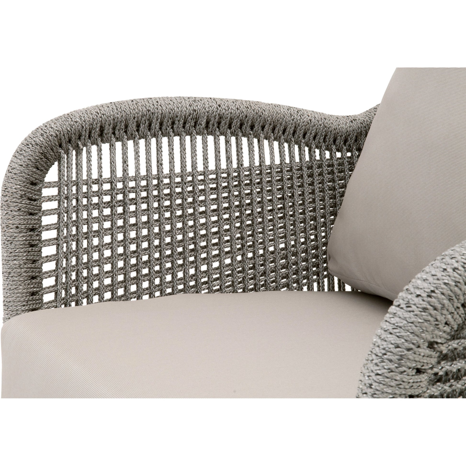 Loom Club Chair by Essentials For Living in gray teak, taupe, white flat rope, performance pumice. Made from solid teak wood, aluminum, 100% polyolefin rope, 100% olefin fabric, foam in a coastal style.