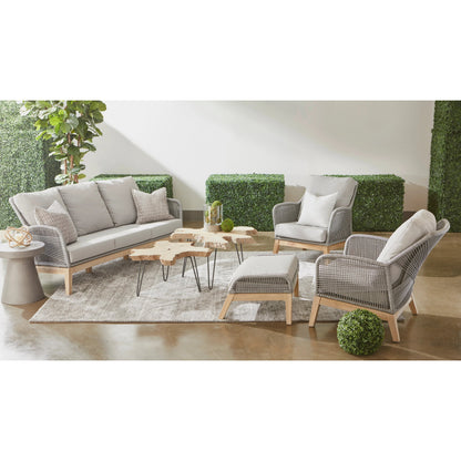 Loom Club Chair by Essentials For Living in gray teak, taupe, white flat rope, performance pumice. Made from solid teak wood, aluminum, 100% polyolefin rope, 100% olefin fabric, foam in a coastal style.