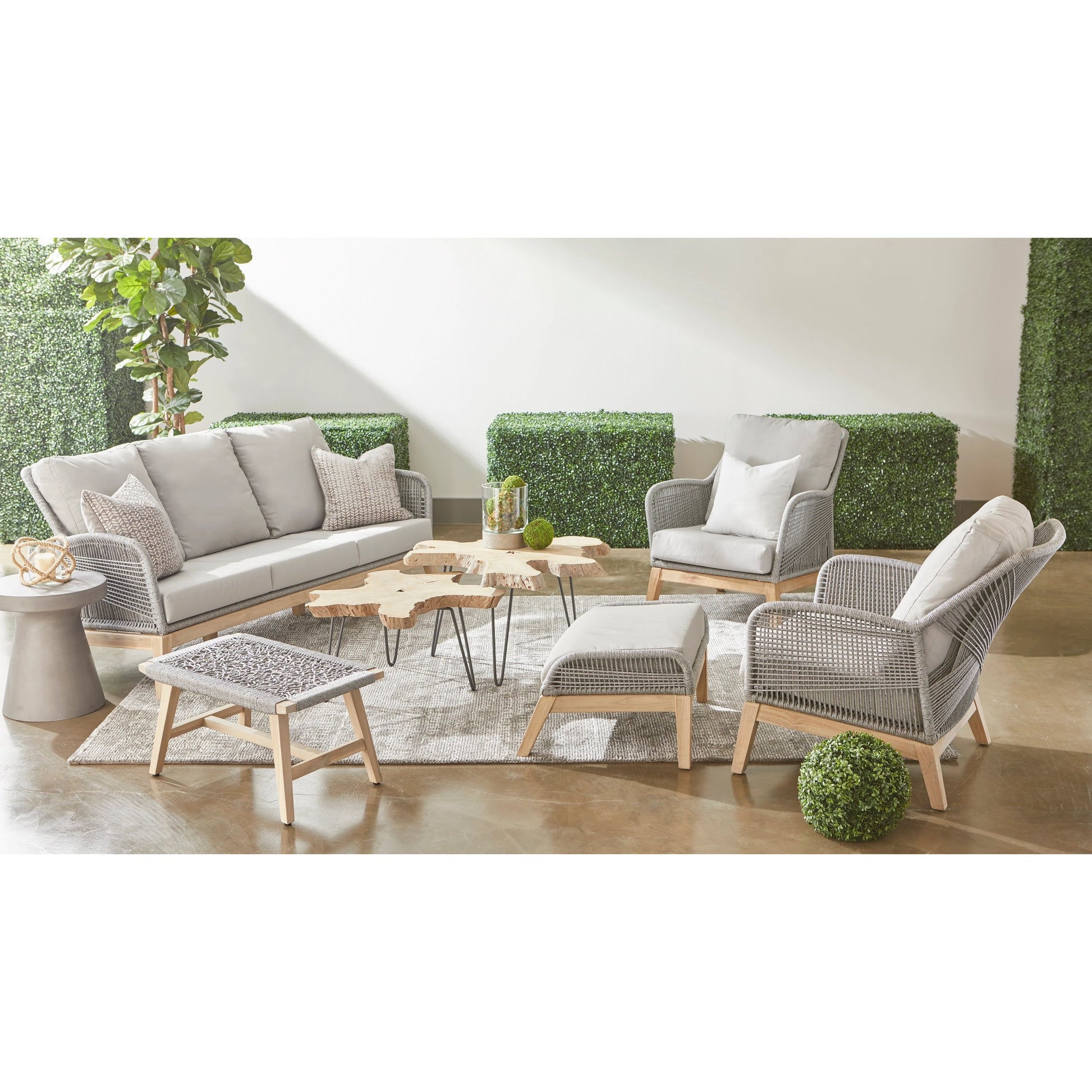 Loom Club Chair by Essentials For Living in gray teak, taupe, white flat rope, performance pumice. Made from solid teak wood, aluminum, 100% polyolefin rope, 100% olefin fabric, foam in a coastal style.