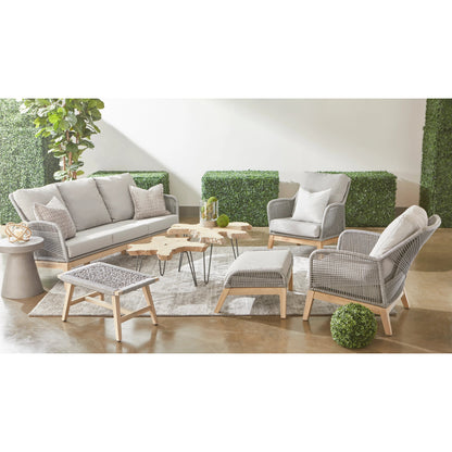 Loom Club Chair by Essentials For Living in gray teak, taupe, white flat rope, performance pumice. Made from solid teak wood, aluminum, 100% polyolefin rope, 100% olefin fabric, foam in a coastal style.