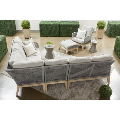 Loom Club Chair by Essentials For Living in gray teak, taupe, white flat rope, performance pumice. Made from solid teak wood, aluminum, 100% polyolefin rope, 100% olefin fabric, foam in a coastal style.